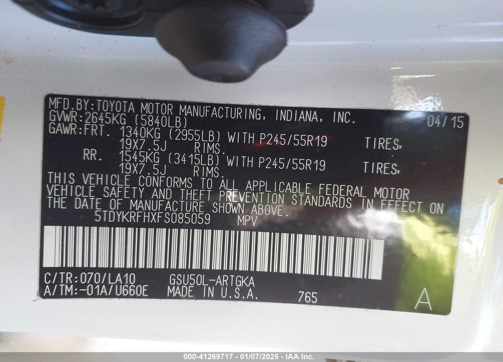 2015 TOYOTA HIGHLANDER LIMITED V6 VIN: 5TDYKRFHXFS085059