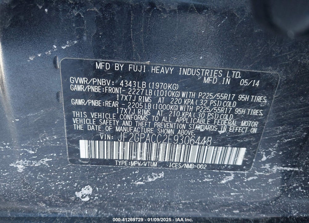 2014 SUBARU XV CROSSTREK VIN: JF2GPACC2E9306448