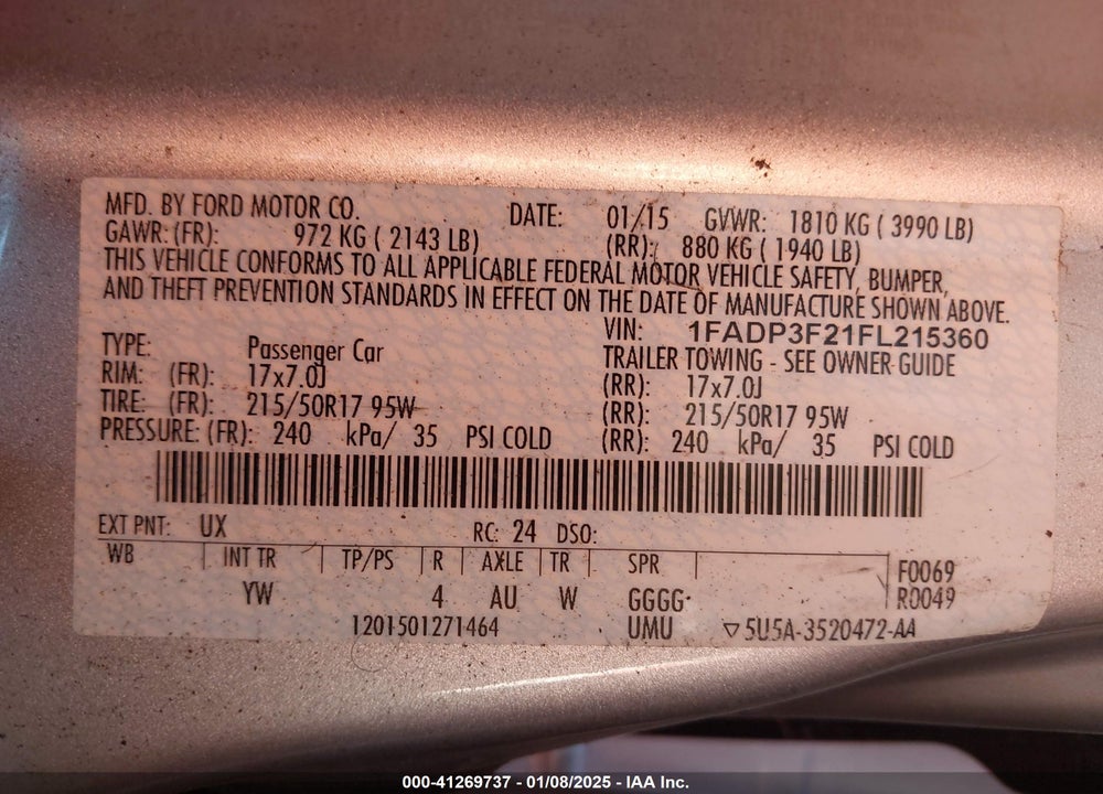 2015 FORD FOCUS VIN: 1FADP3F21FL215360