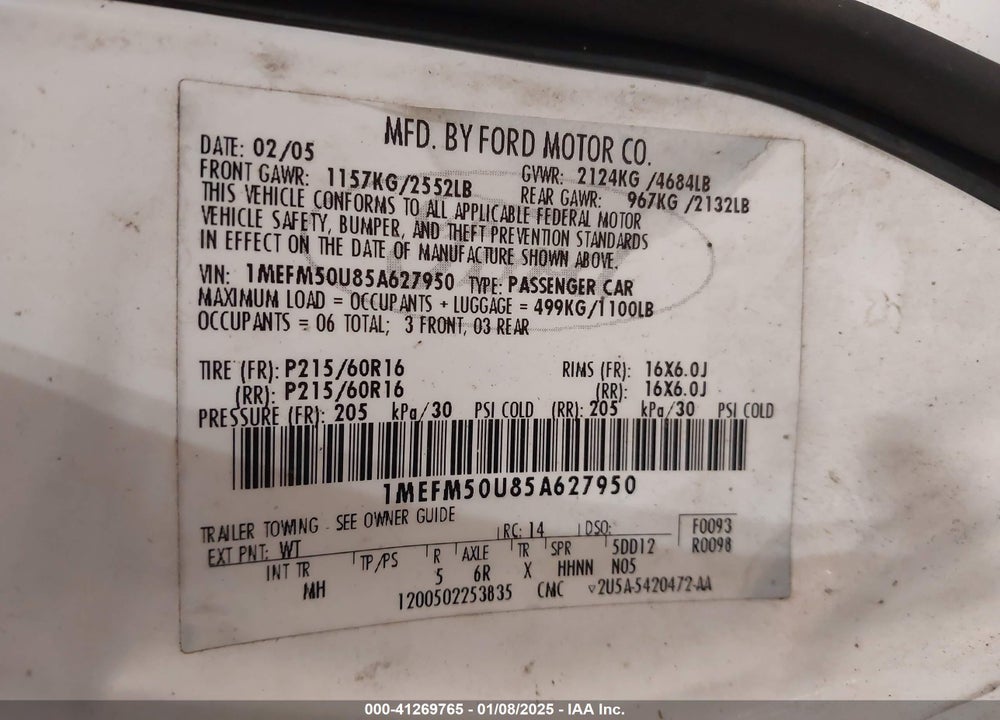 2005 MERCURY SABLE GS VIN: 1MEFM50U85A627950