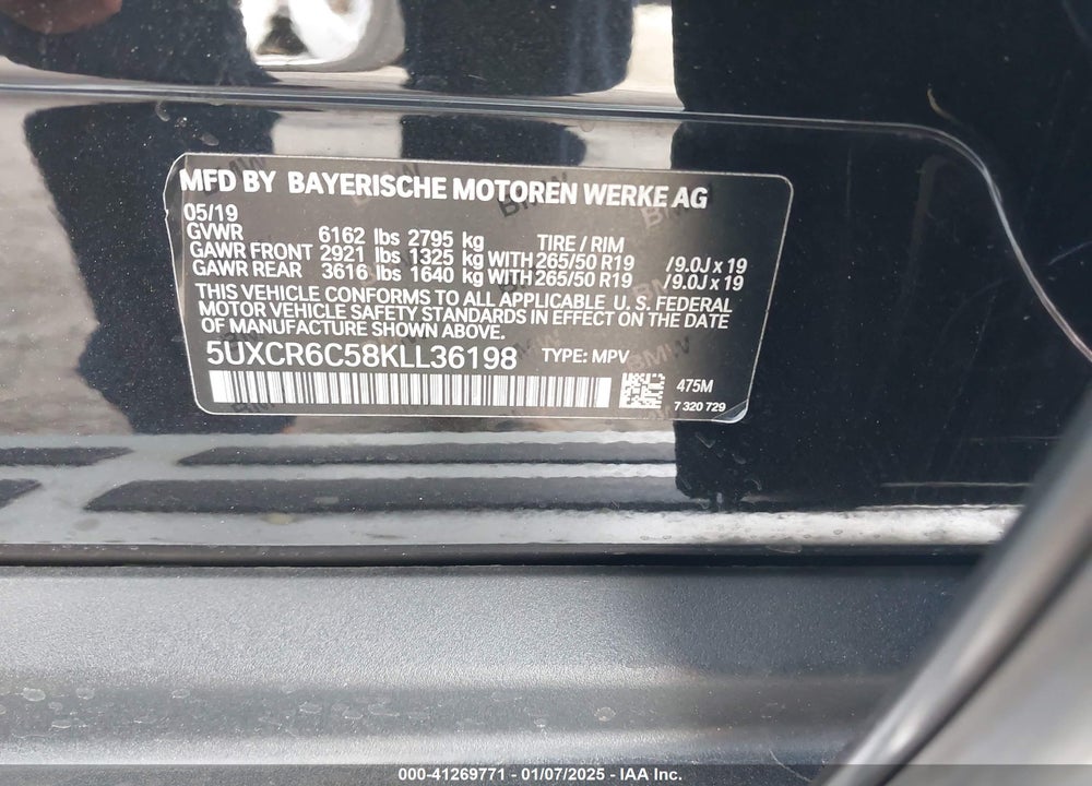 2019 BMW X5 XDRIVE40I VIN: 5UXCR6C58KLL36198