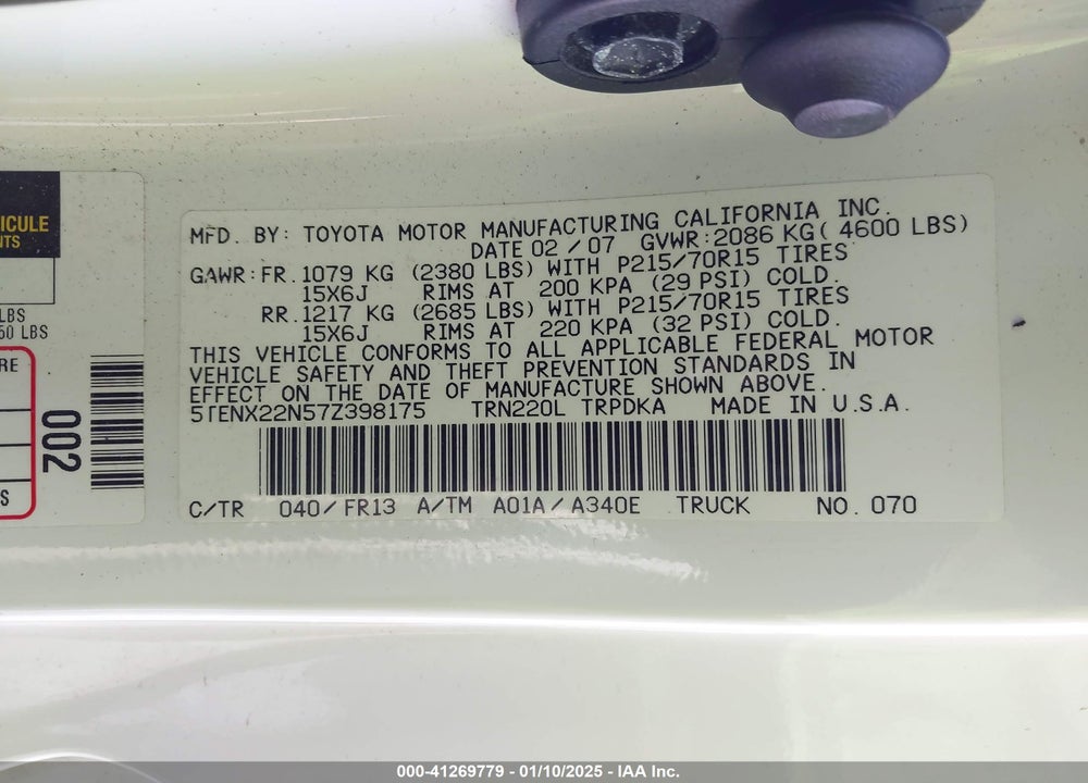 2007 TOYOTA TACOMA VIN: 5TENX22N57Z398175