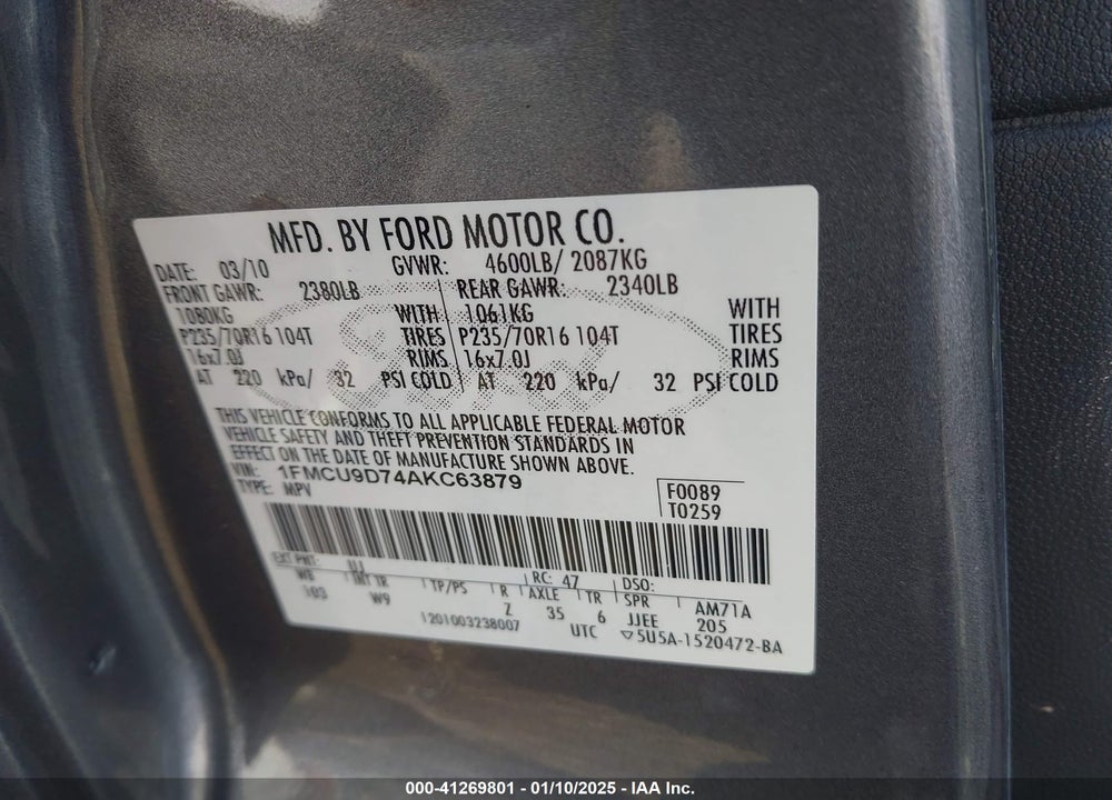 2010 FORD ESCAPE VIN: 1FMCU9D74AKC63879