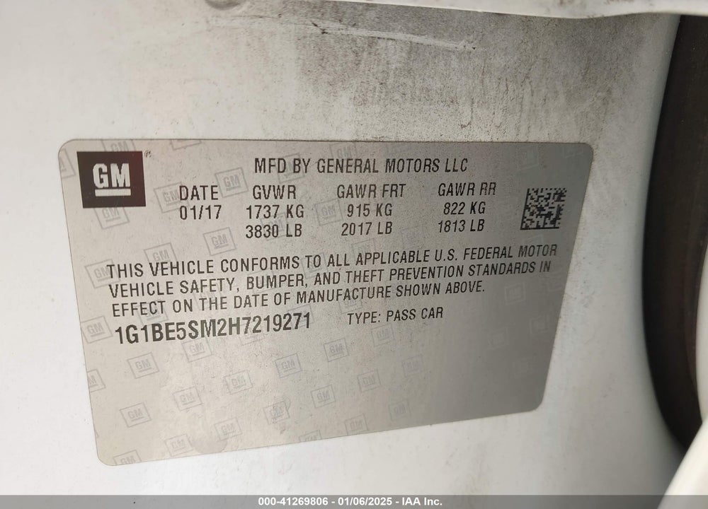 2017 CHEVROLET CRUZE LT AUTO VIN: 1G1BE5SM2H7219271