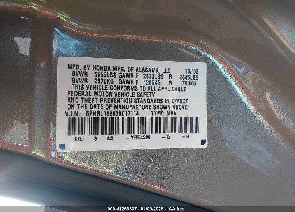 2003 HONDA ODYSSEY EX VIN: 5FNRL18663B017114