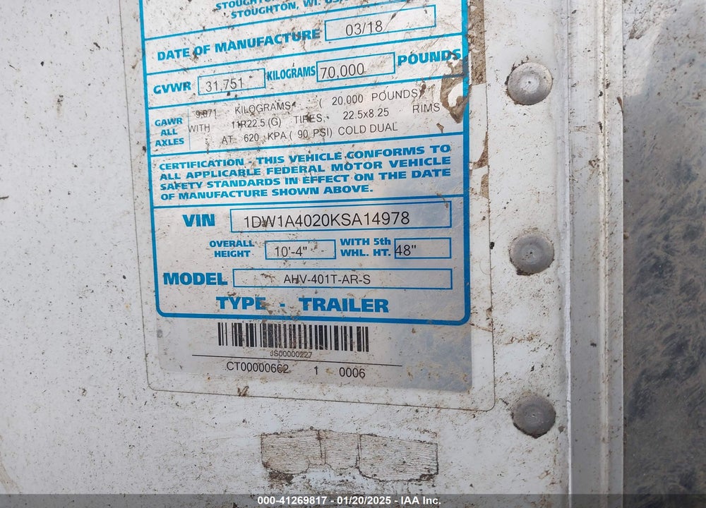 2019 STOUGHTON TRAILERS INC UNKNOWN VIN: 1DW1A4020KSA14978