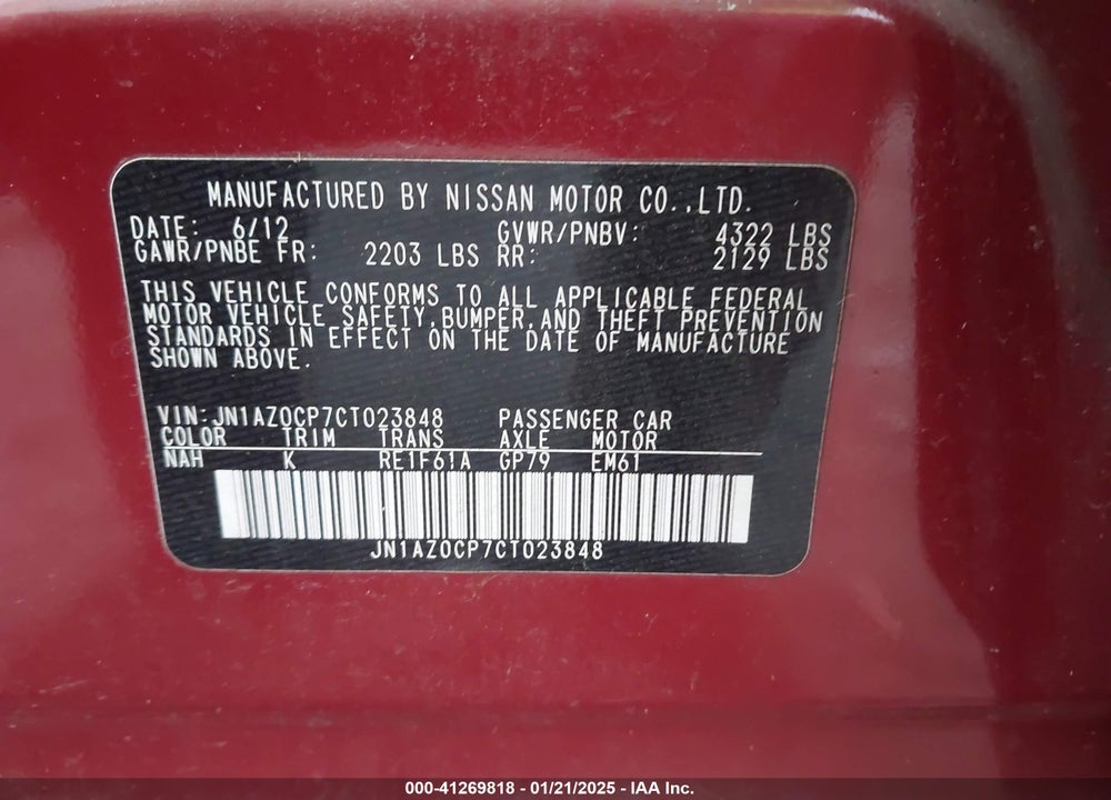 2012 NISSAN LEAF VIN: JN1AZ0CP7CT023848