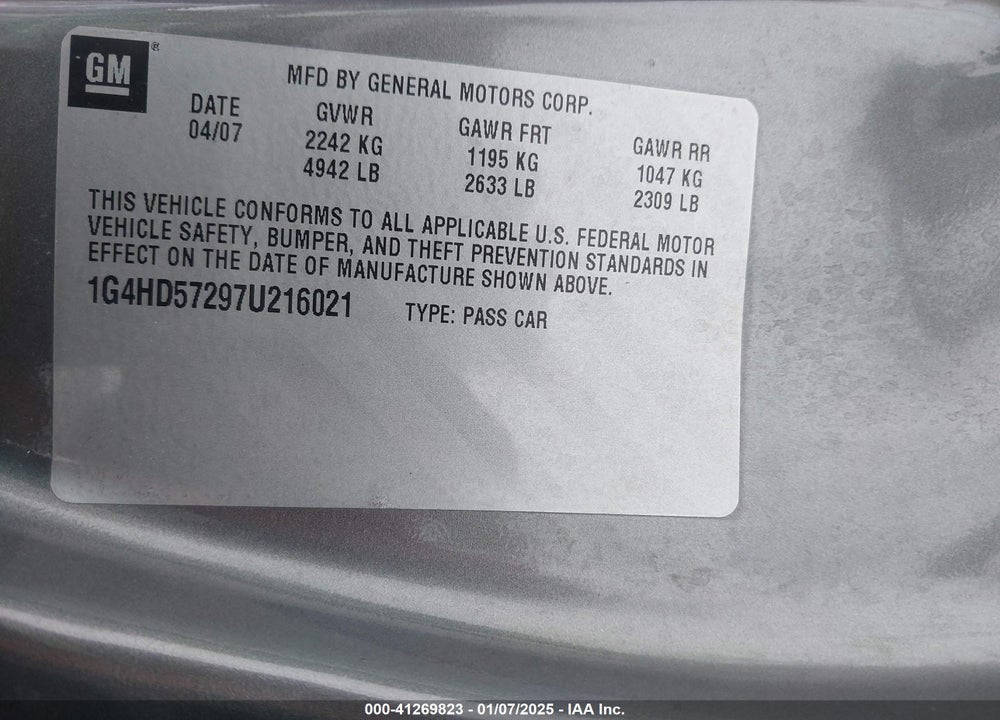 2007 BUICK LUCERNE CXL VIN: 1G4HD57297U216021