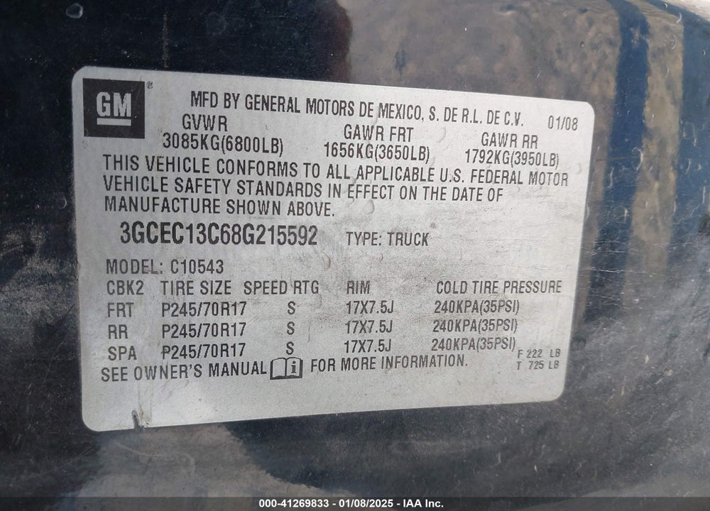 2008 CHEVROLET SILVERADO 1500 VIN: 3GCEC13C68G215592