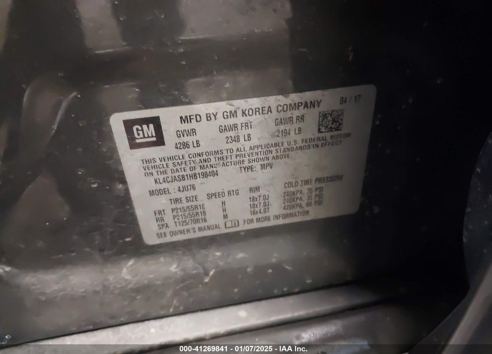 2017 BUICK ENCORE PREFERRED VIN: KL4CJASB1HB198404