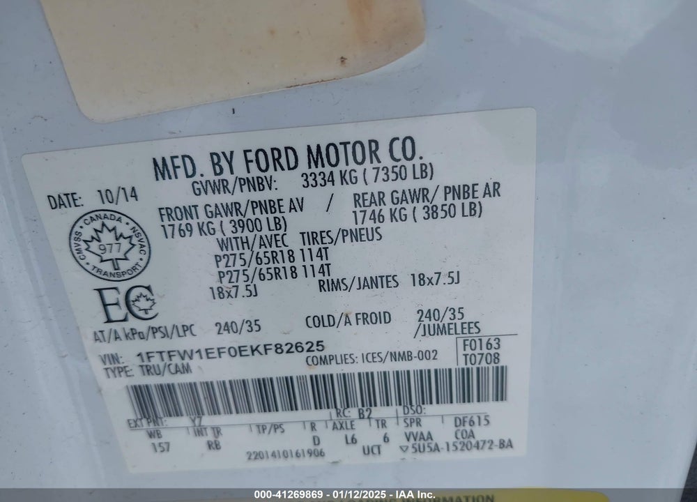 2014 FORD F150 VIN: 1FTFW1EF0EKF82625