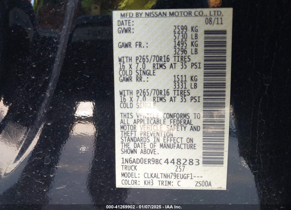 2011 NISSAN FRONTIER VIN: 1N6AD0ER9BC448283