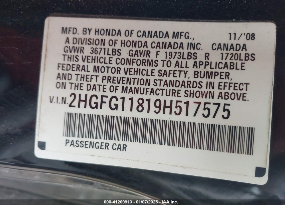 2009 HONDA CIVIC EX VIN: 2HGFG11819H517575