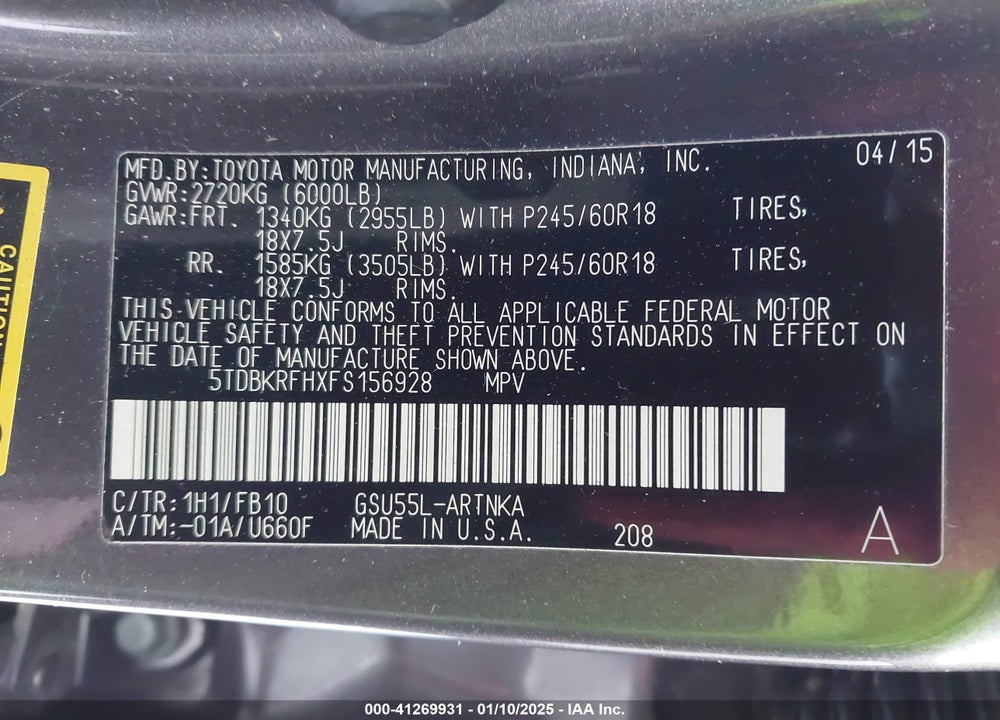 2015 TOYOTA HIGHLANDER LE V6 VIN: 5TDBKRFHXFS156928
