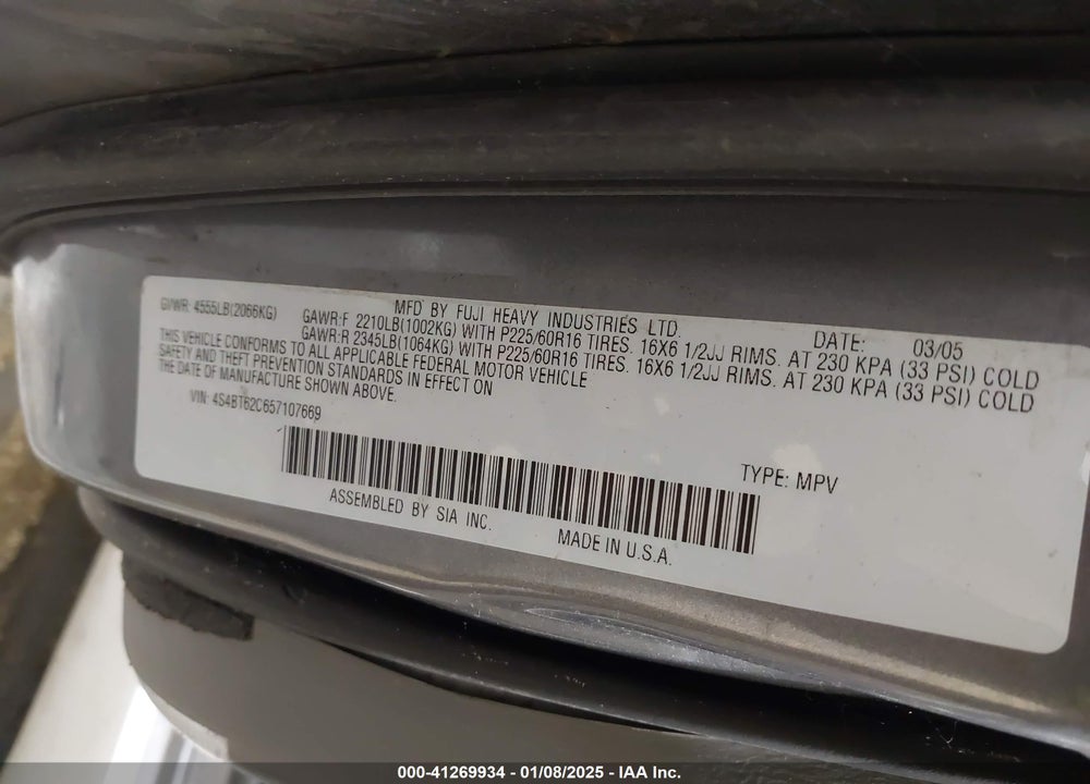 2005 SUBARU BAJA SPORT VIN: 4S4BT62C657107669