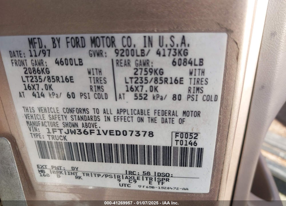 1997 FORD F 350 VIN: 1FTJW36F1VED07378