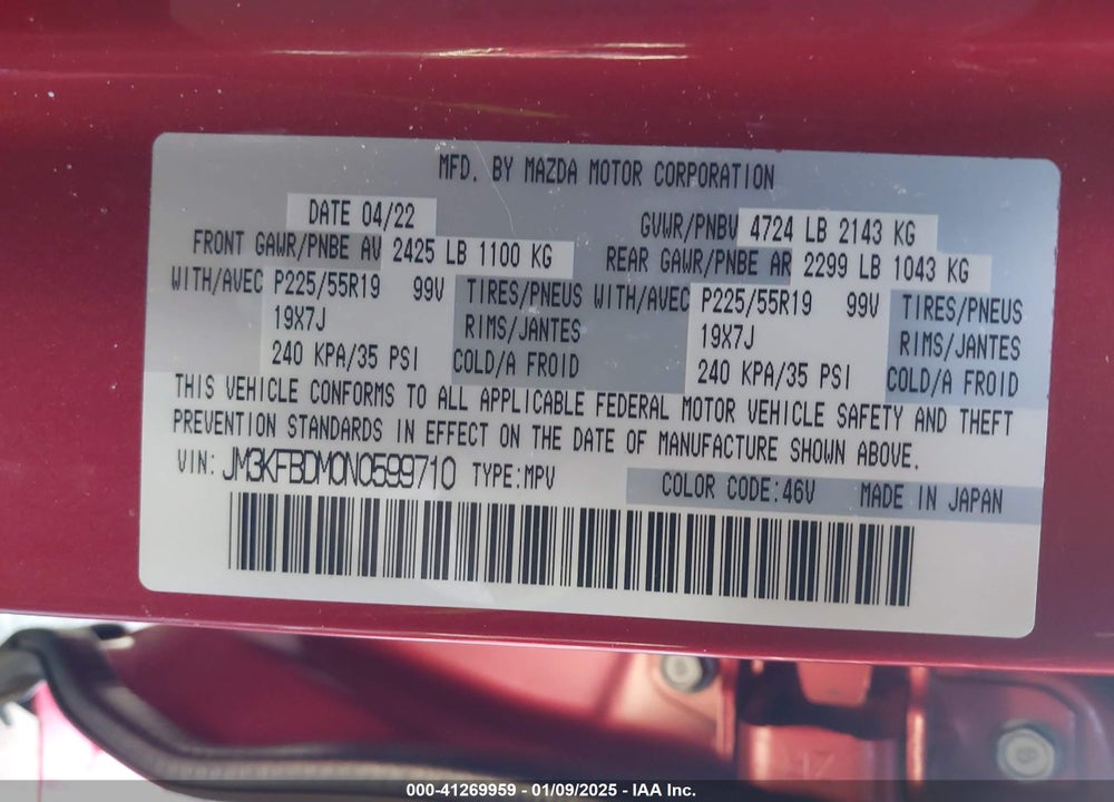 2022 MAZDA CX-5 2.5 S PREMIUM VIN: JM3KFBDM0N0599710