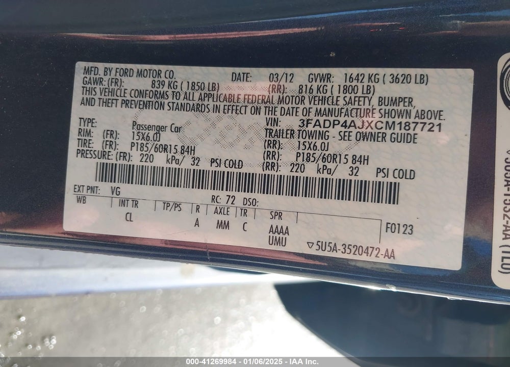 2012 FORD FIESTA VIN: 3FADP4AJXCM187721