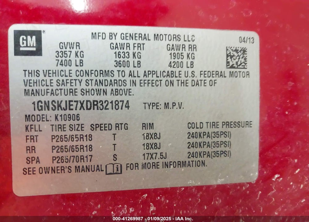 2013 CHEVROLET SUBURBAN 1500 LT VIN: 1GNSKJE7XDR321874
