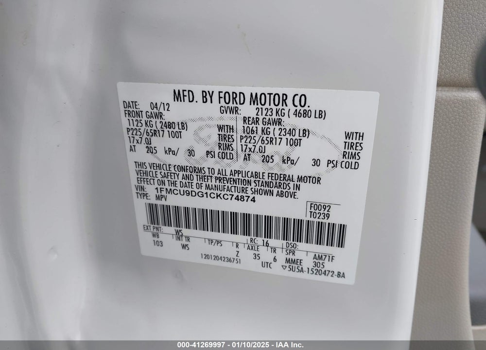 2012 FORD ESCAPE XLT VIN: 1FMCU9DG1CKC74874