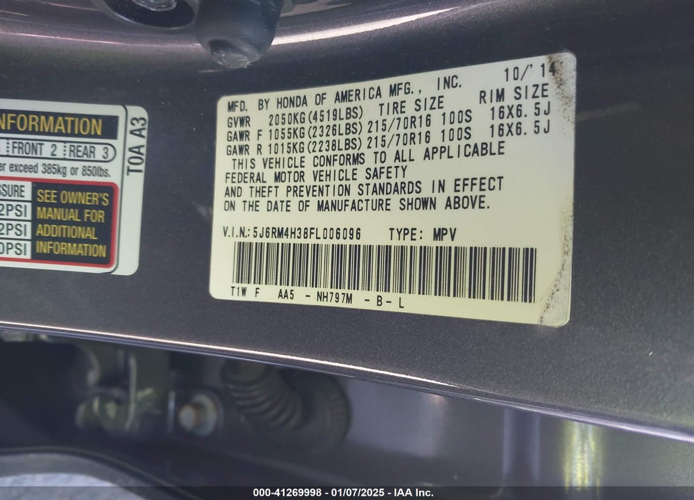 2015 HONDA CR-V LX VIN: 5J6RM4H38FL006096