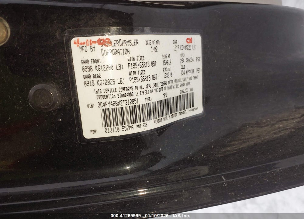 2002 CHRYSLER PT CRUISER VIN: 3C4FY48BX2T312851