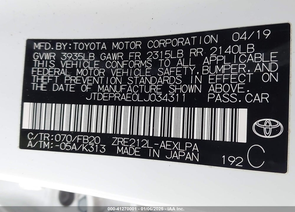 2020 TOYOTA COROLLA VIN: JTDEPRAE0LJ034311
