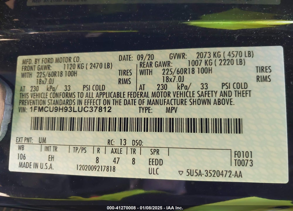 2020 FORD ESCAPE SEL VIN: 1FMCU9H93LUC37812
