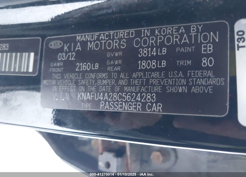 2012 KIA FORTE EX VIN: KNAFU4A28C5624283