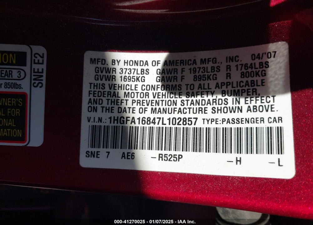 2007 HONDA CIVIC EX VIN: 1HGFA16847L102857