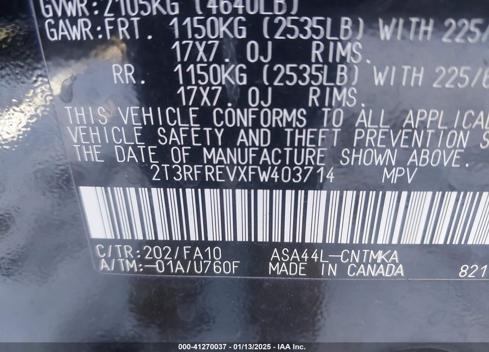 2015 TOYOTA RAV4 XLE VIN: 2T3RFREVXFW403714