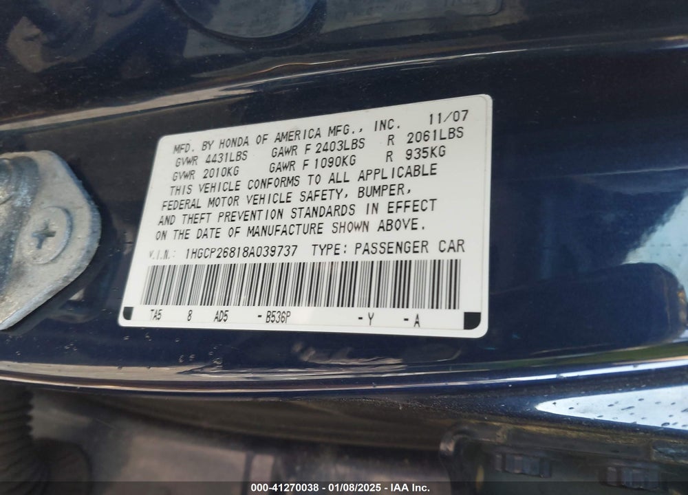 2008 HONDA ACCORD VIN: 1HGCP26818A039737