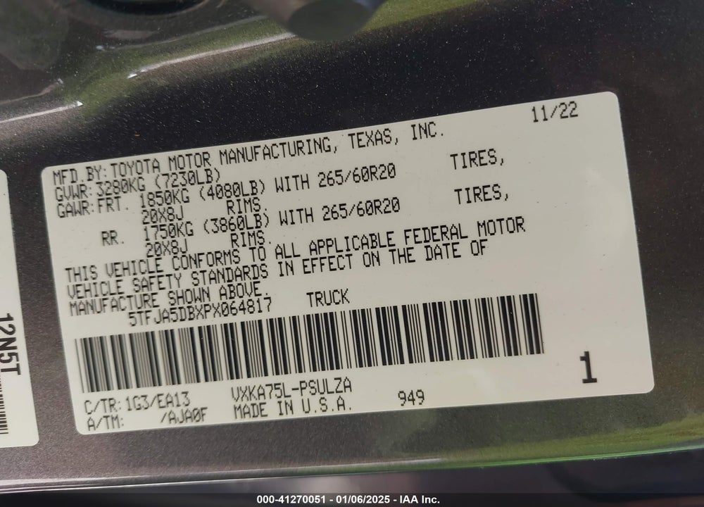 2023 TOYOTA TUNDRA VIN: 5TFJA5DBXPX064817