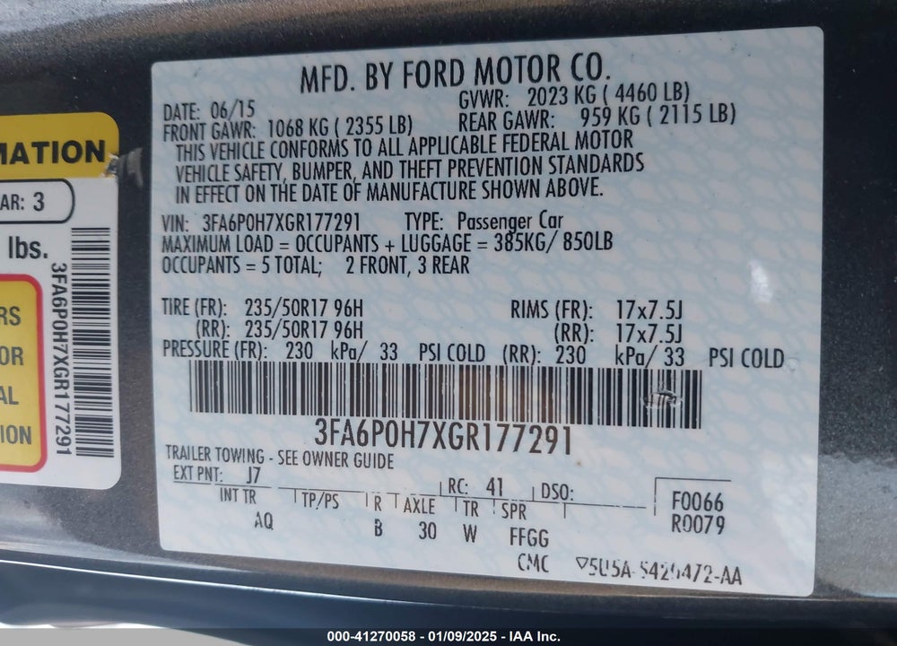 2016 FORD FUSION VIN: 3FA6P0H7XGR177291