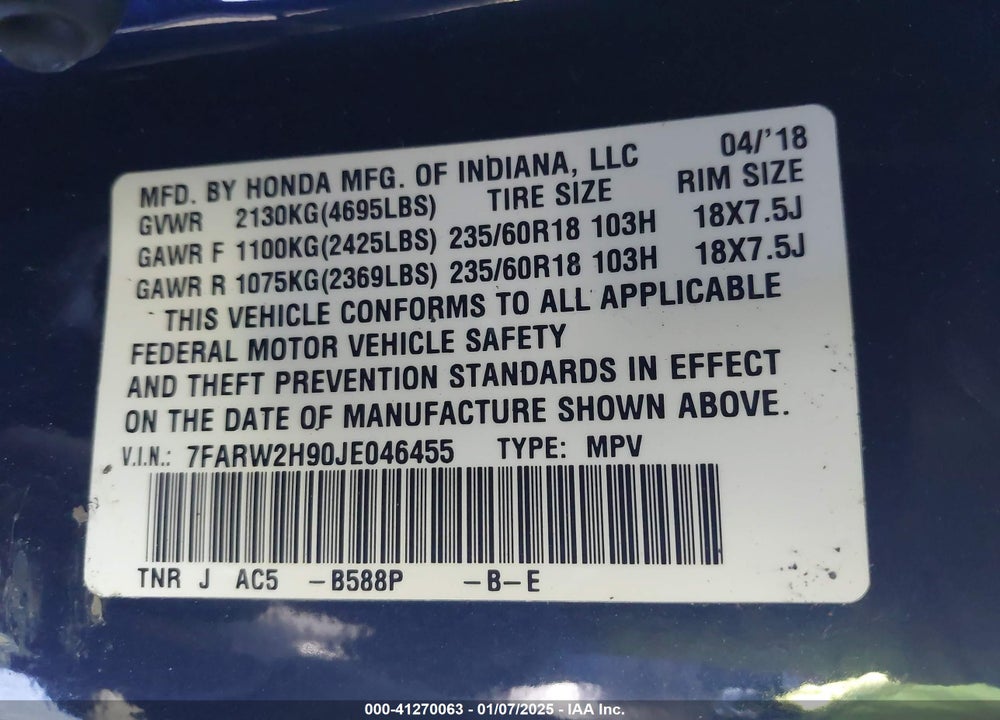 2018 HONDA CR-V TOURING VIN: 7FARW2H90JE046455