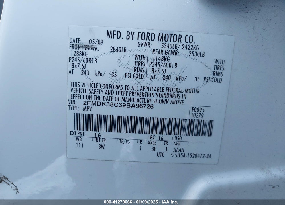 2009 FORD EDGE SEL VIN: 2FMDK38C39BA96726