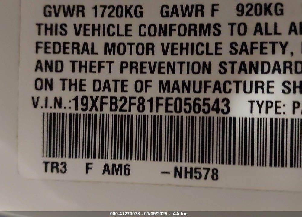 2015 HONDA CIVIC VIN: 19XFB2F81FE056543