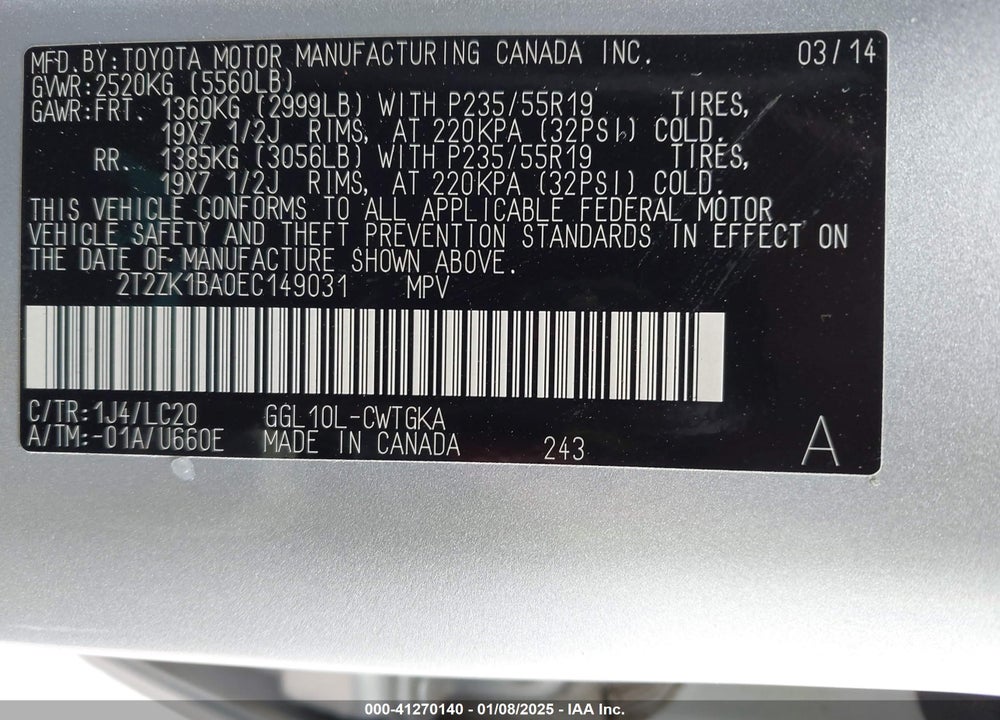 2014 LEXUS RX 350 VIN: 2T2ZK1BA0EC149031