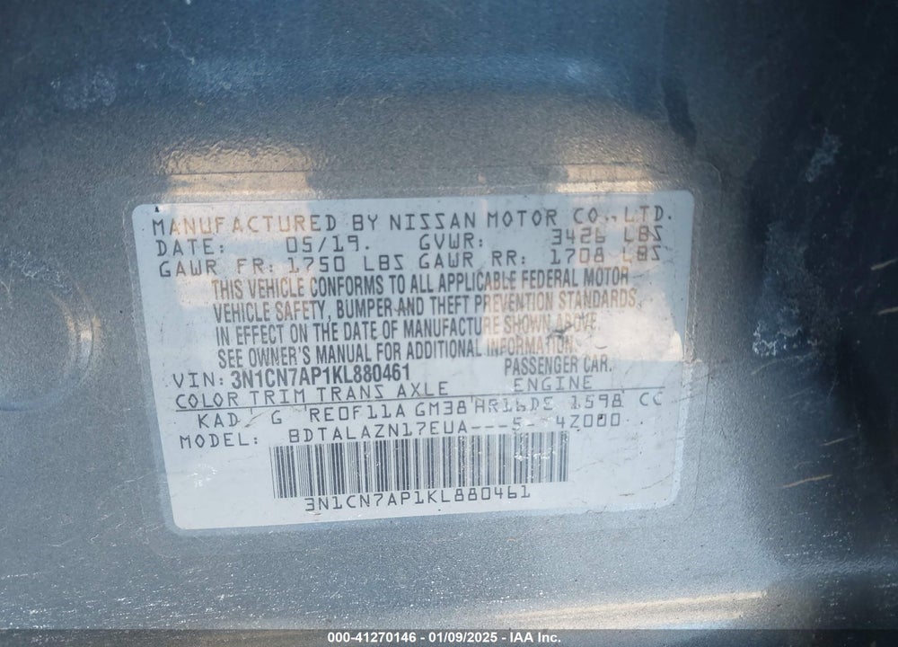 2019 NISSAN VERSA VIN: 3N1CN7AP1KL880461