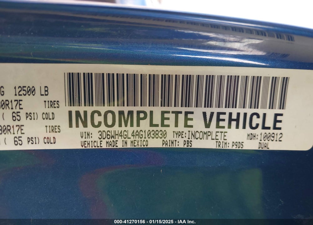2010 RAM 3500 DODGE  HD CHASSIS ST/SLT VIN: 3D6WH4GL4AG103830