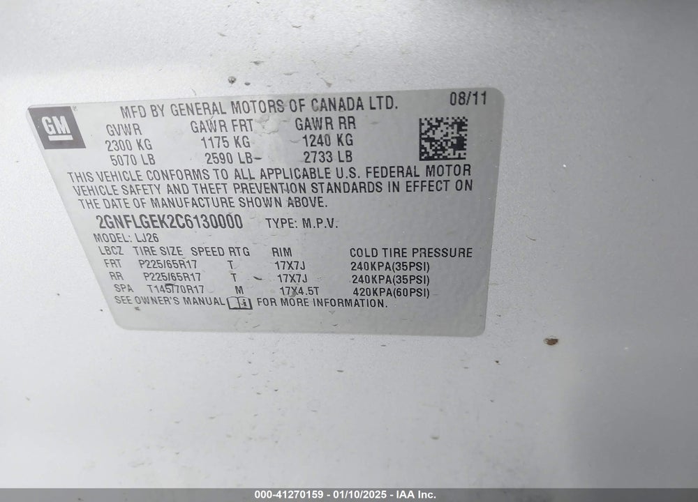 2012 CHEVROLET EQUINOX LTZ VIN: 2GNFLGEK2C6130000