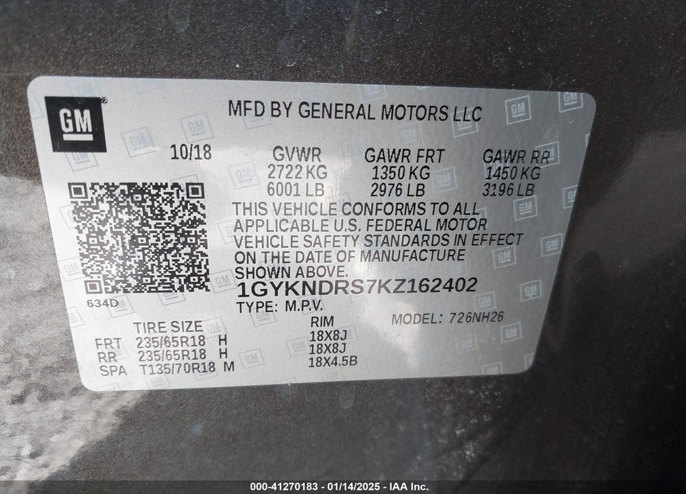 2019 CADILLAC XT5 LUXURY VIN: 1GYKNDRS7KZ162402
