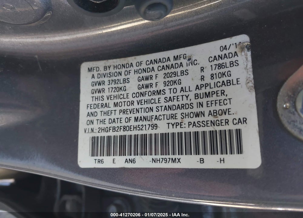 2014 HONDA CIVIC VIN: 2HGFB2F80EH521799