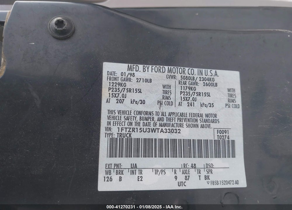 1998 FORD RANGER SPLASH/XL/XLT VIN: 1FTZR15U3WTA33032