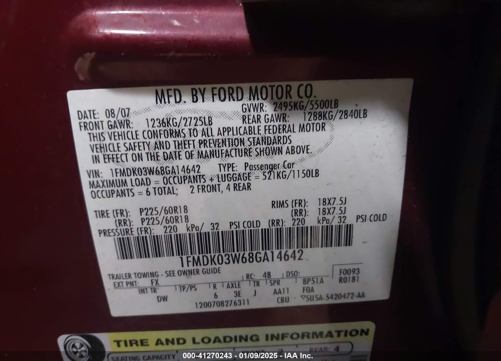 2008 FORD TAURUS X VIN: 1FMDK03W68GA14642