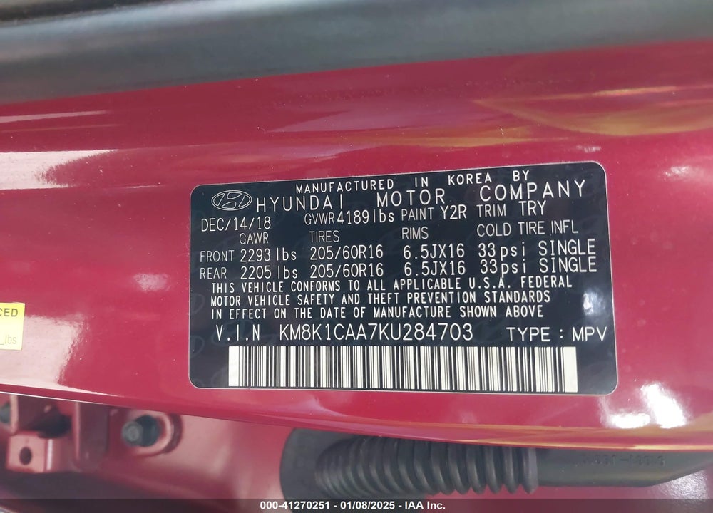 2019 HYUNDAI KONA SE VIN: KM8K1CAA7KU284703