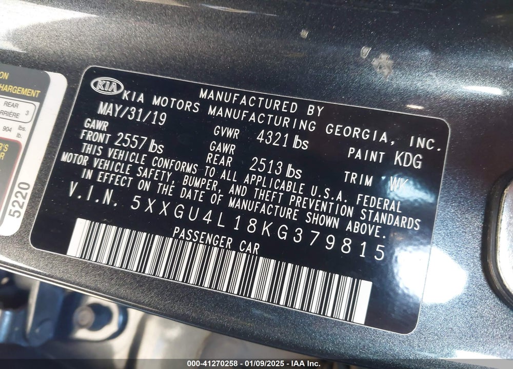 2019 KIA OPTIMA EX W/DUAL CLU VIN: 5XXGU4L18KG379815