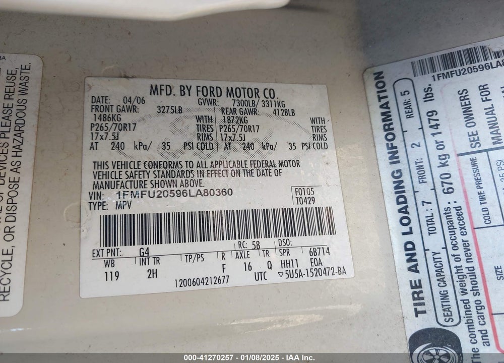 2006 FORD EXPEDITION LIMITED VIN: 1FMFU20596LA80360
