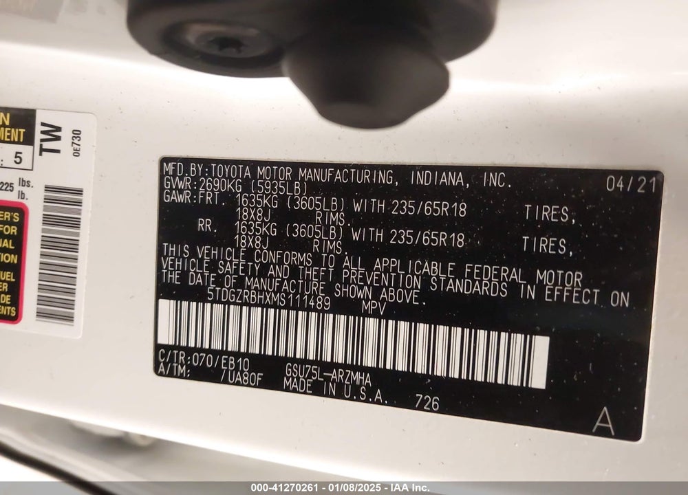 2021 TOYOTA HIGHLANDER XLE VIN: 5TDGZRBHXMS111489