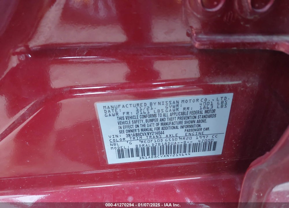 2022 NISSAN SENTRA VIN: 3N1AB8CVXNY214644